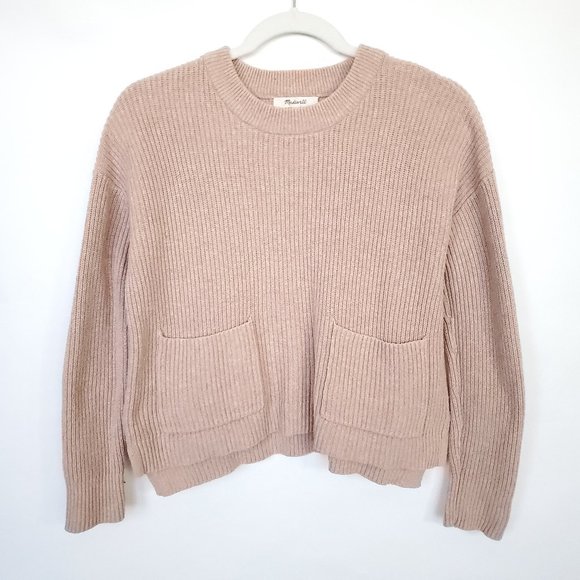 Madewell Knit Sweater Women's XS Blush Pink Boxy Cropped Ribbed Pullover Pockets - Picture 2 of 14